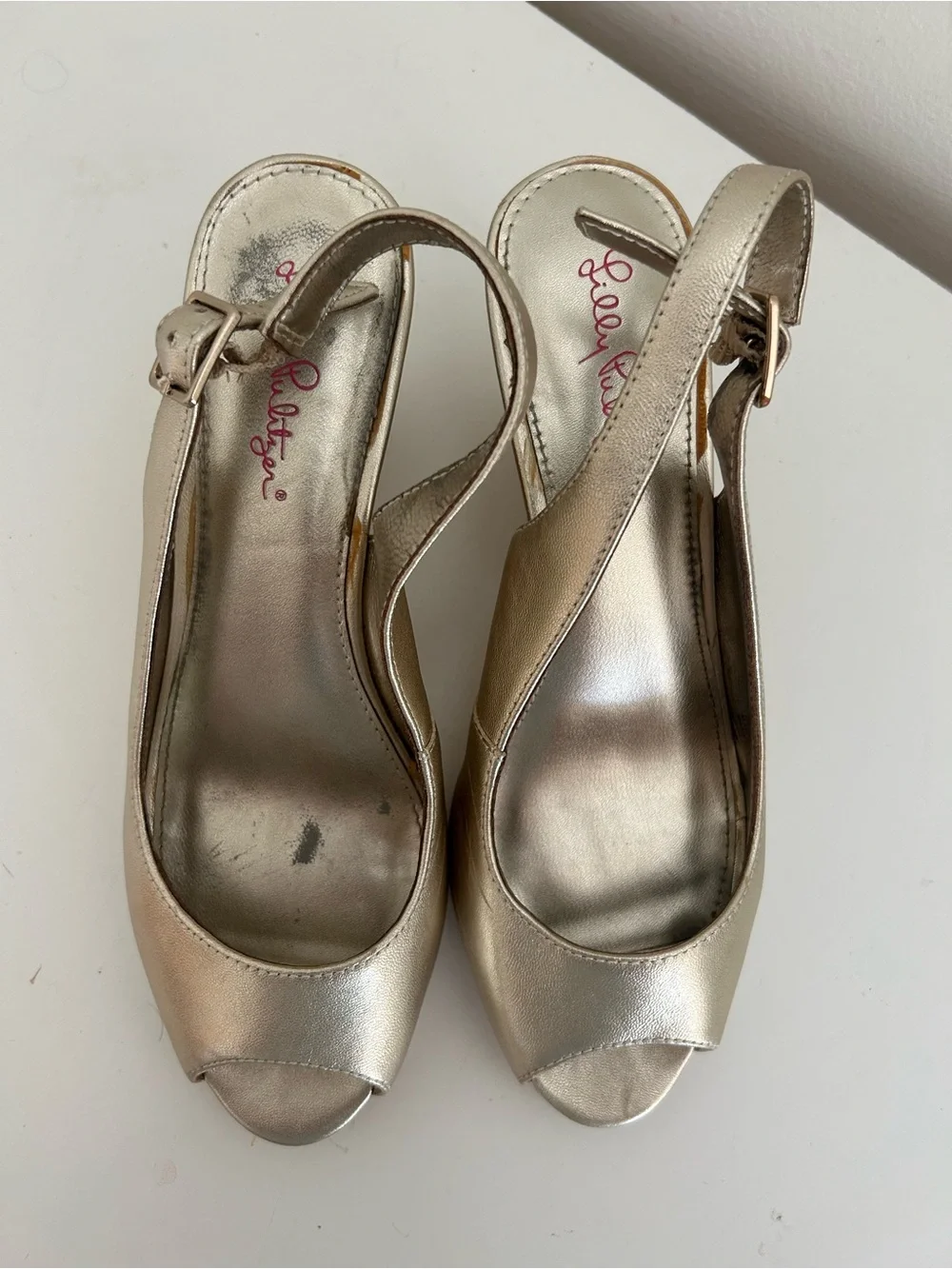Lilly Pulitzer Metallic Gold Peep-Toe Wedge Slingbacks